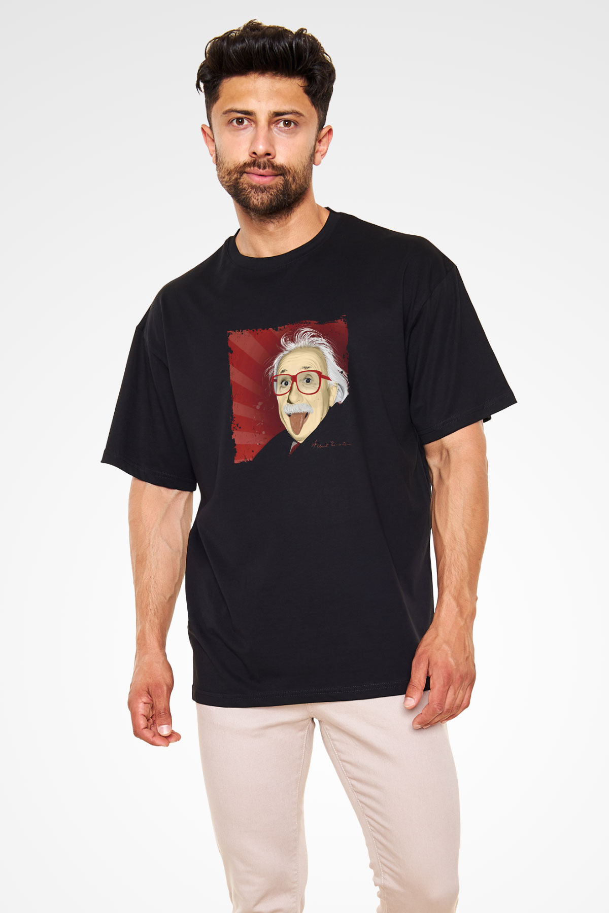 Albert Einstein Baskılı Unisex Siyah Oversize Tişört
