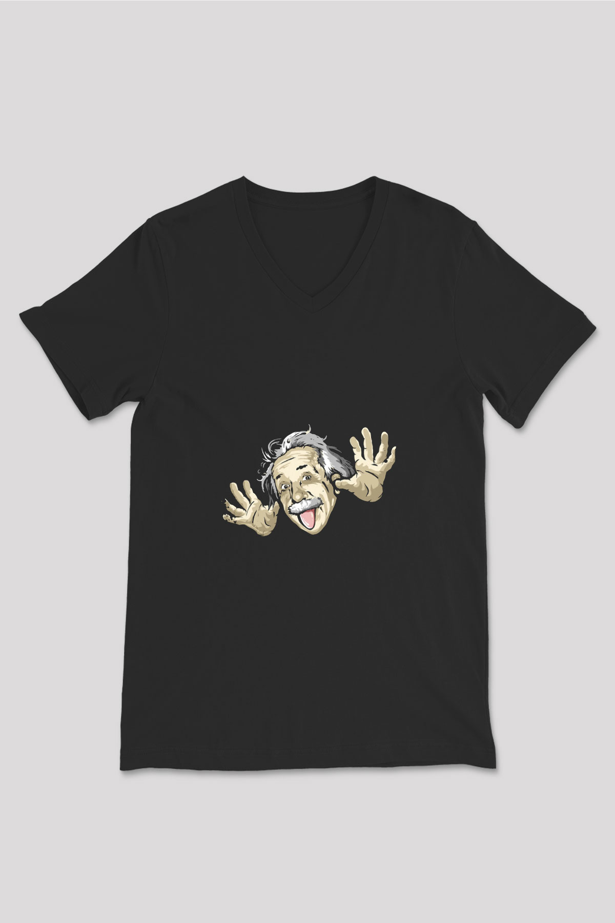 Albert Einstein Baskılı Unisex Siyah V Yaka Tişört