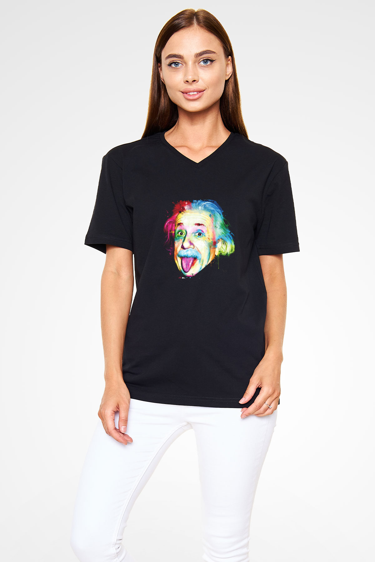 Albert Einstein Baskılı Unisex Siyah V Yaka Tişört