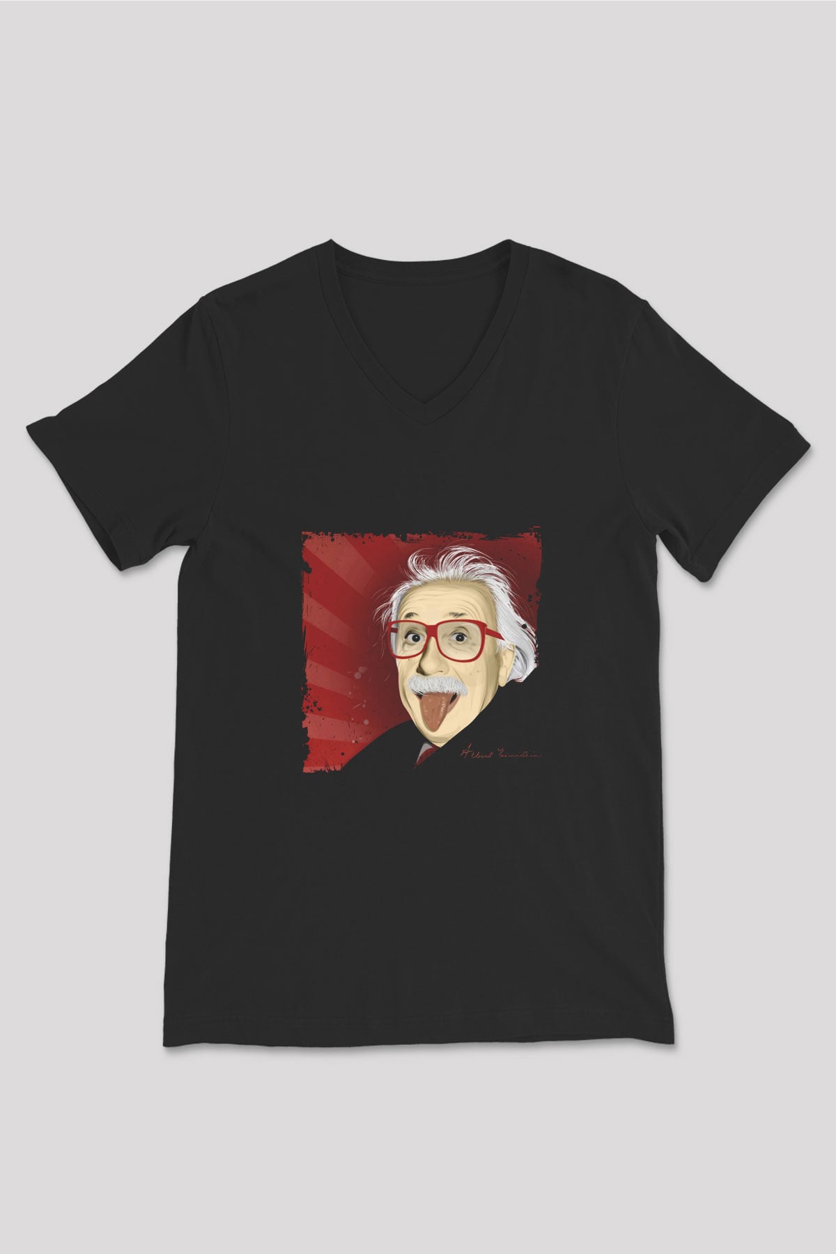 Albert Einstein Baskılı Unisex Siyah V Yaka Tişört