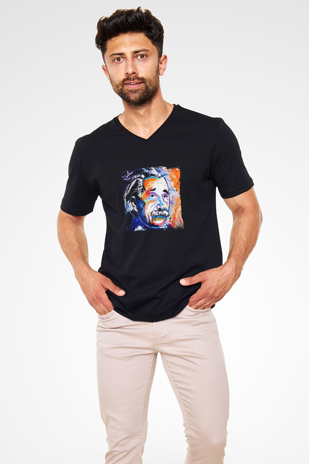 Albert Einstein Baskılı Unisex Siyah V Yaka Tişört