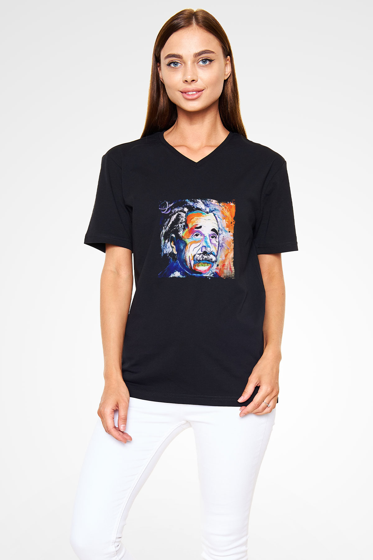 Albert Einstein Baskılı Unisex Siyah V Yaka Tişört