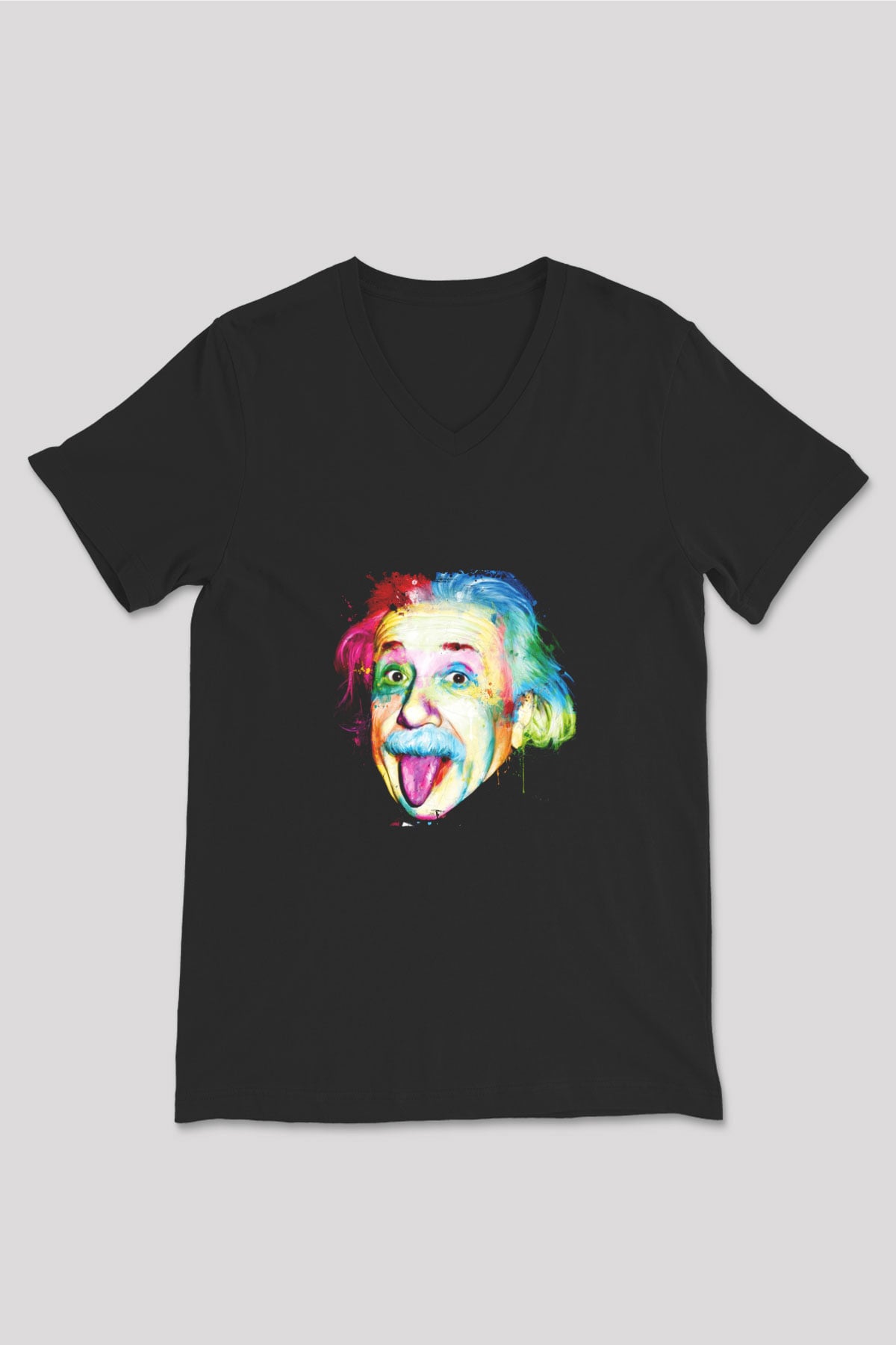 Albert Einstein Baskılı Unisex Siyah V Yaka Tişört