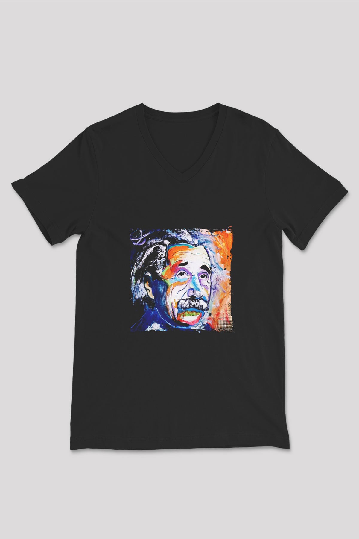 Albert Einstein Baskılı Unisex Siyah V Yaka Tişört