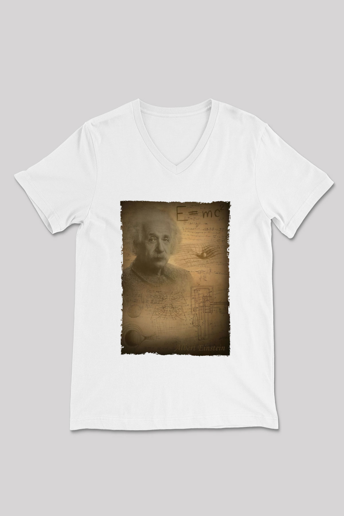 Albert Einstein Baskılı Unisex V Yaka Beyaz Tişört - Tshirt