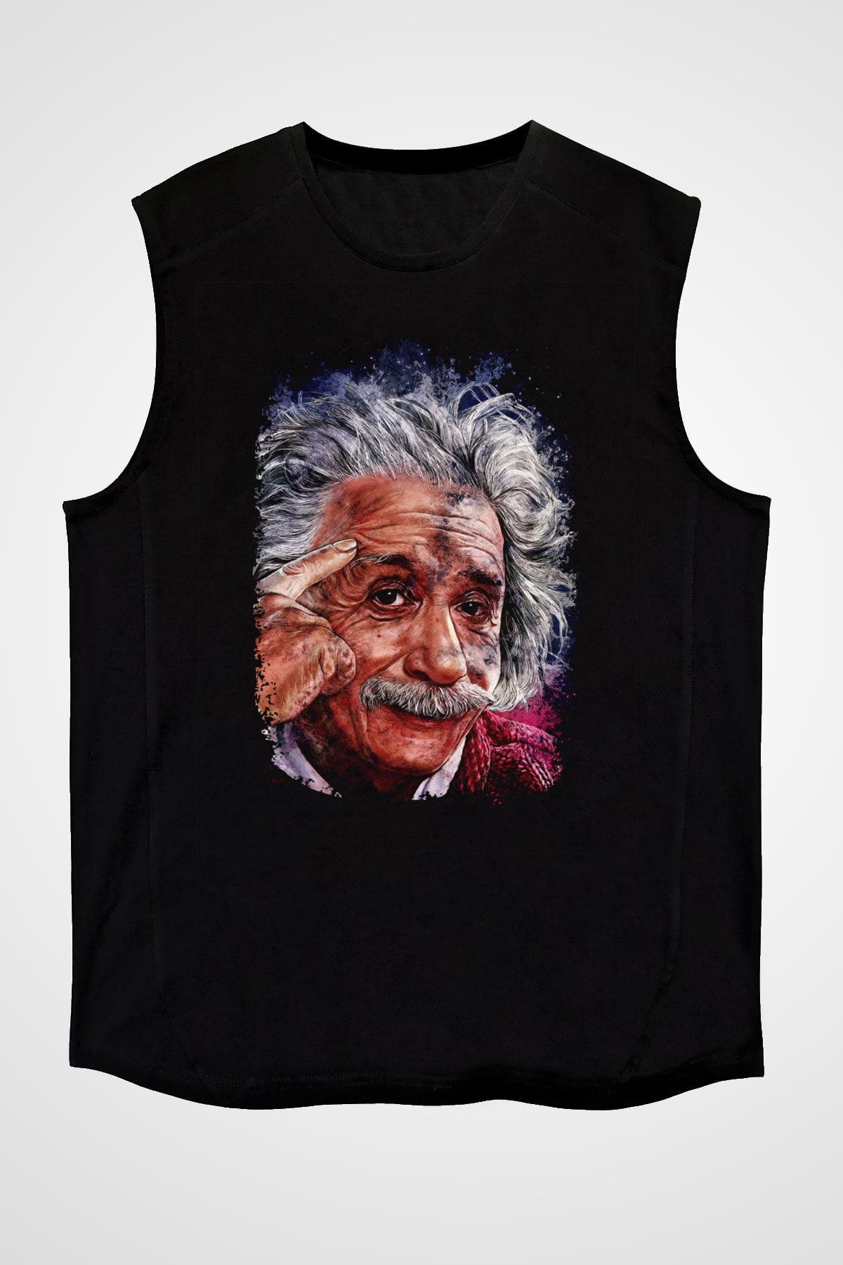 Albert Einstein Çizim Baskılı Unisex Kolsuz Siyah Tişört - Tshirt