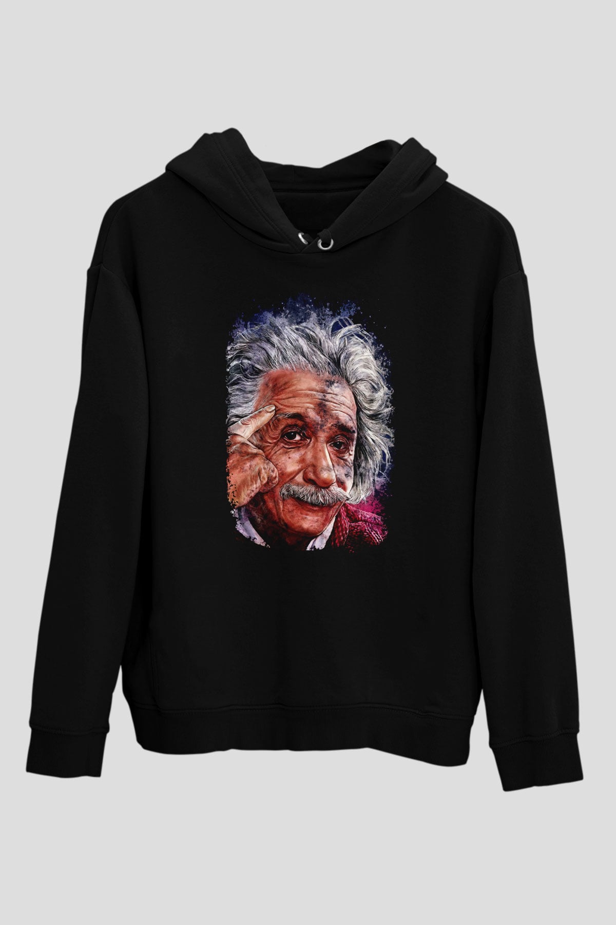 Albert Einstein Çizim Baskılı Unisex Siyah Hoodie