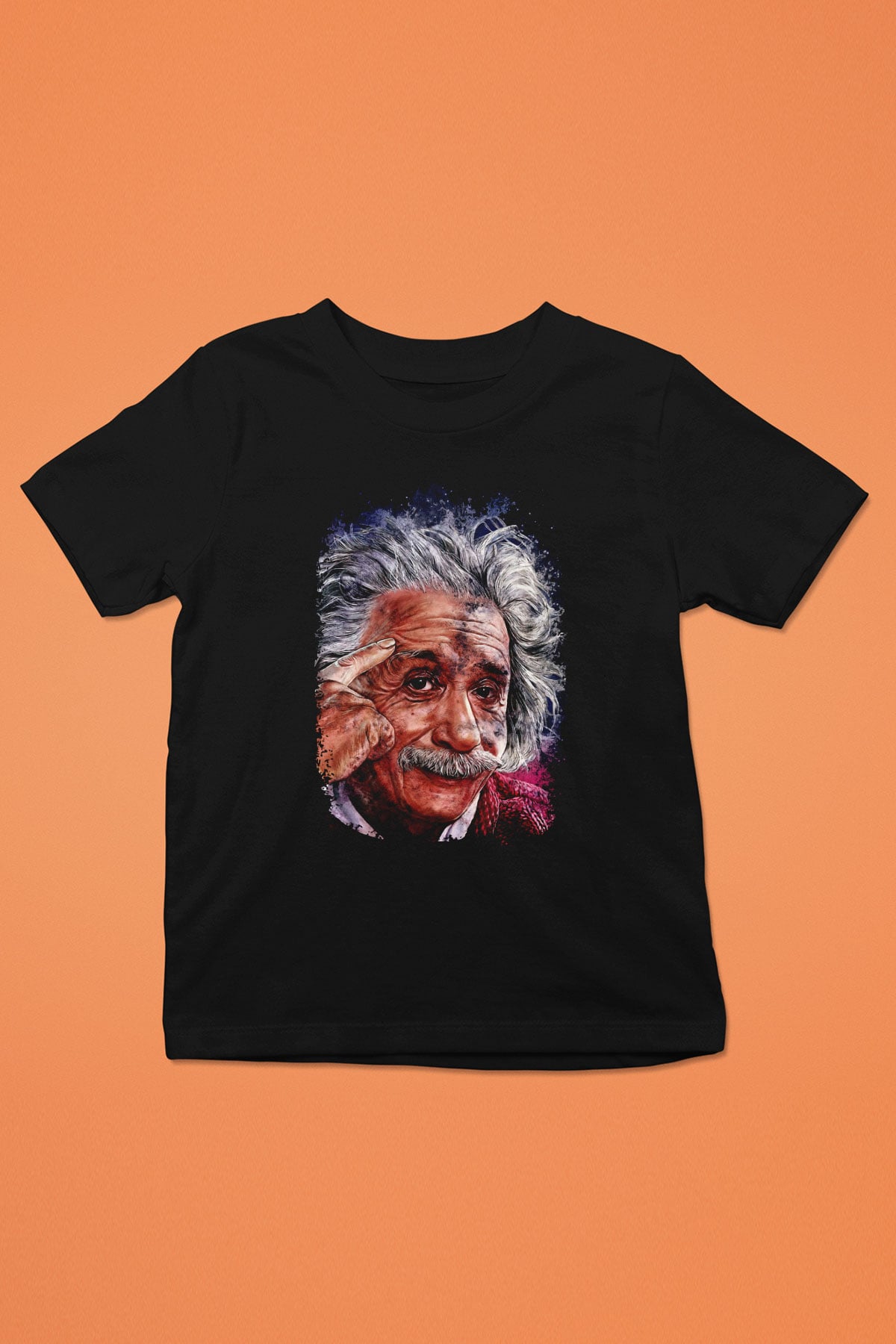 Albert Einstein Çizim Baskılı Unisex Siyah Çocuk Tişörtü - Tshirt