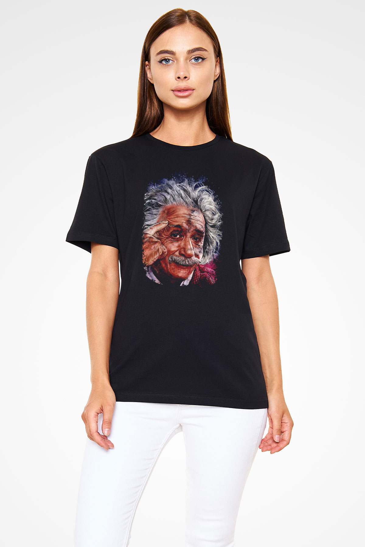 Albert Einstein Çizim Baskılı Unisex Siyah Tişört - Tshirt