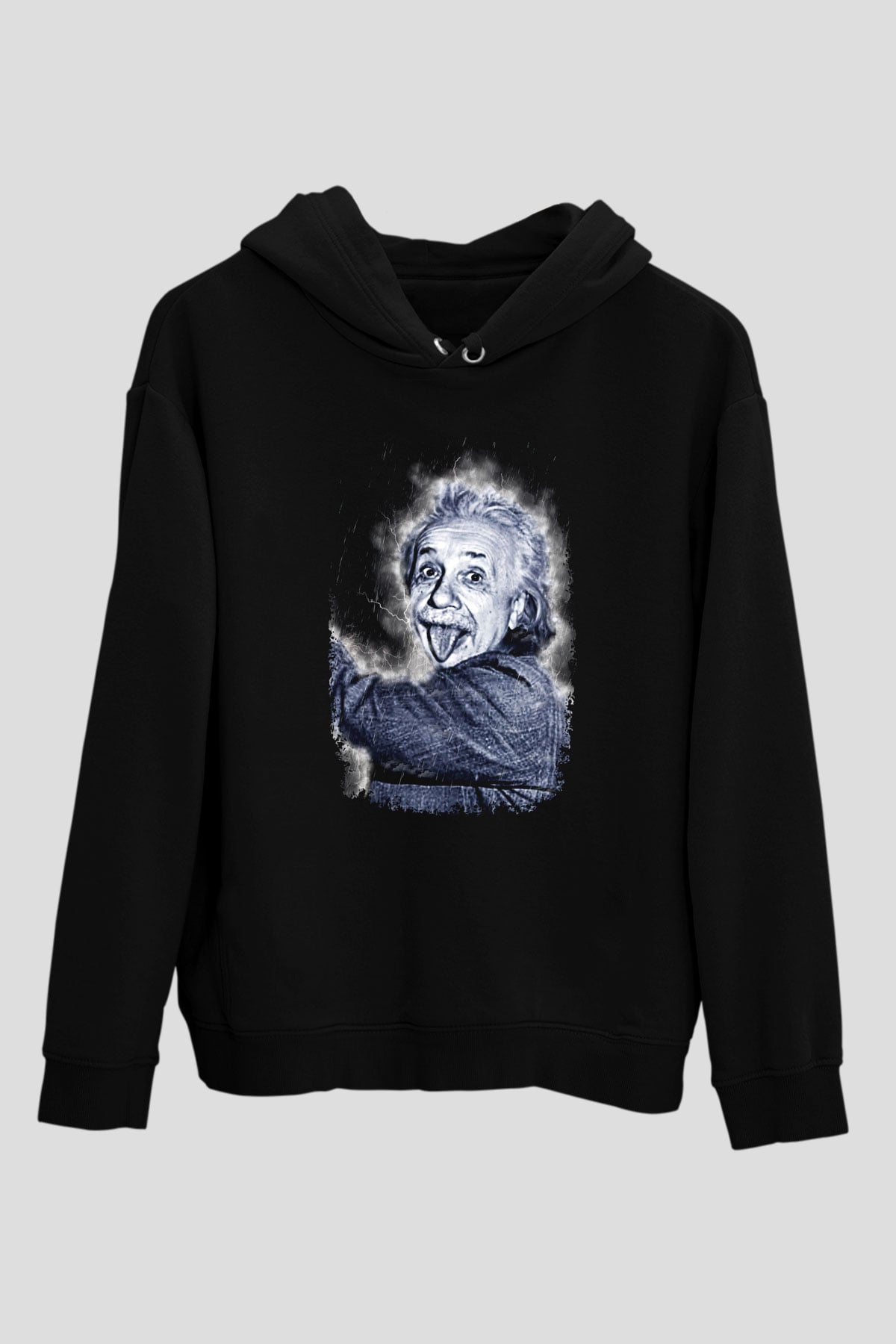 Albert Einstein Dil Çıkaran Portre Baskılı Unisex Siyah Hoodie