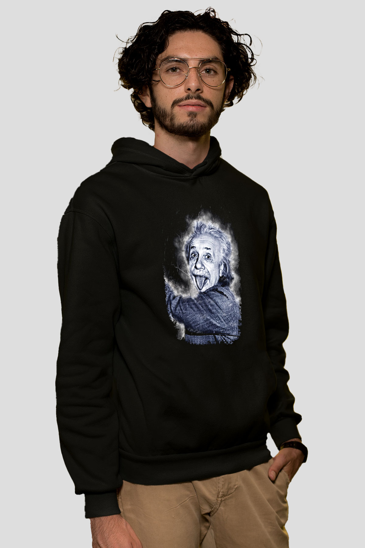 Albert Einstein Dil Çıkaran Portre Baskılı Unisex Siyah Hoodie