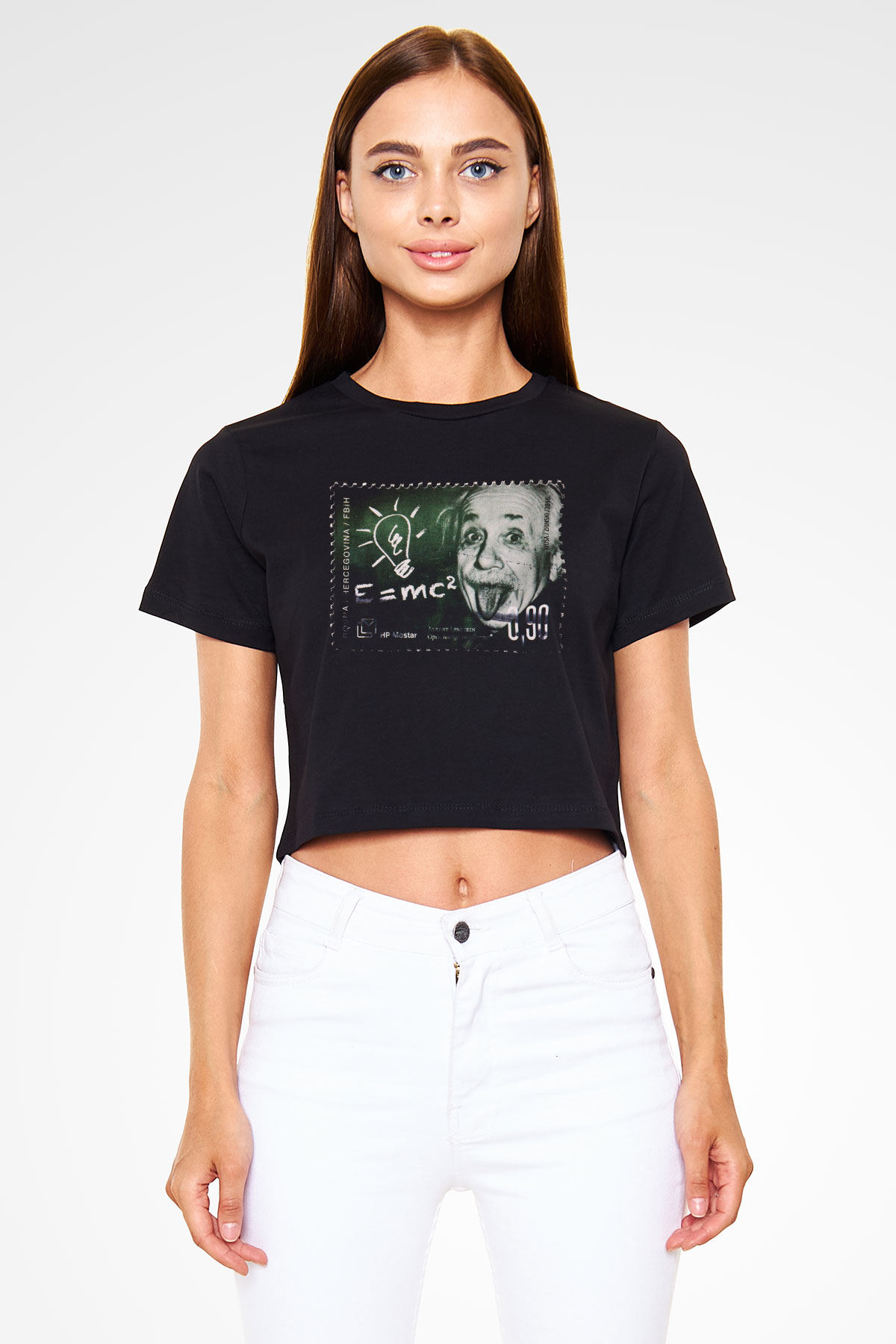 Albert Einstein Enerji Formülü Baskılı Siyah Kadın Crop Top Tişört
