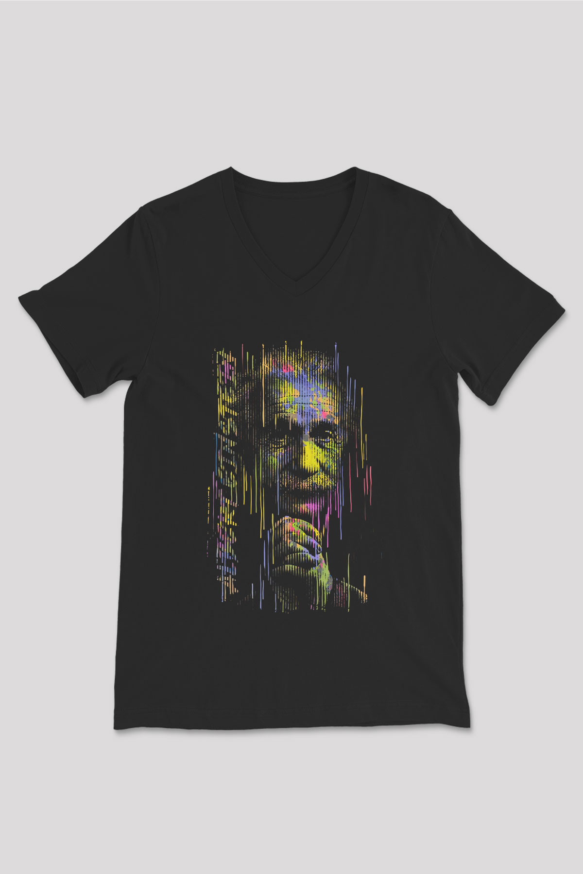 Albert Einstein Fotoğraf Baskılı Unisex V Yaka Siyah Tİşört - Tshirt