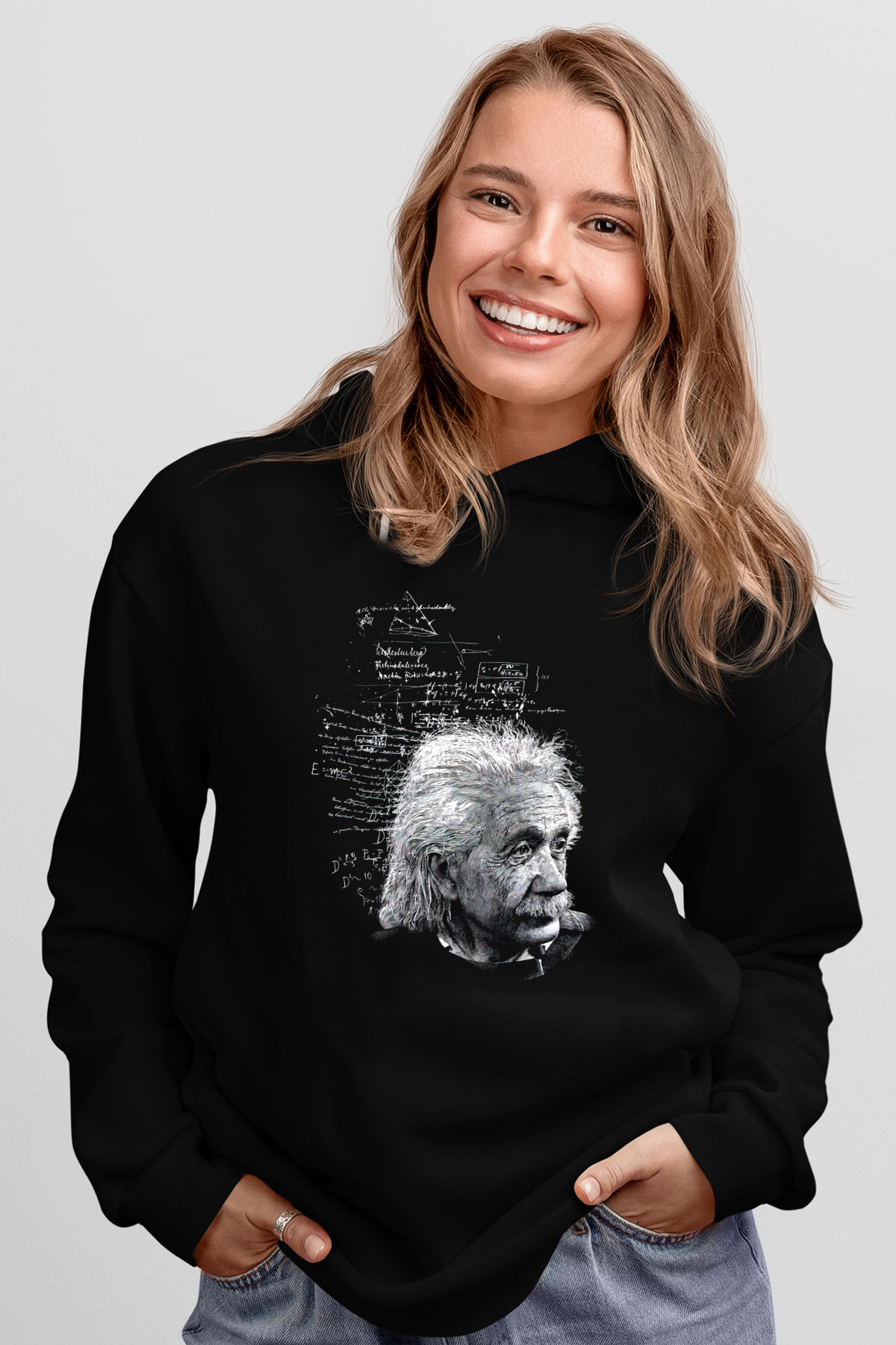 Albert Einstein Kuantum Mekaniği Baskılı Unisex Siyah Hoodie