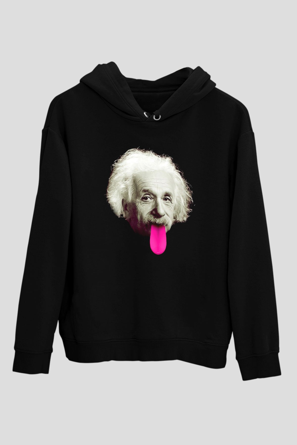 Albert Einstein Pembe Dil Baskılı Unisex Siyah Hoodie