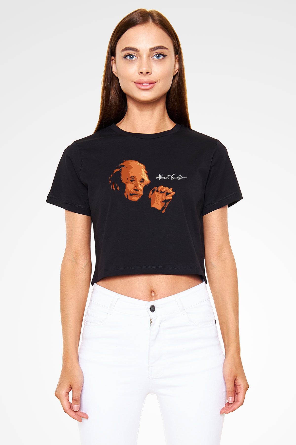 Albert Einstein Portre Baskılı Siyah Kadın Crop Top Tişört