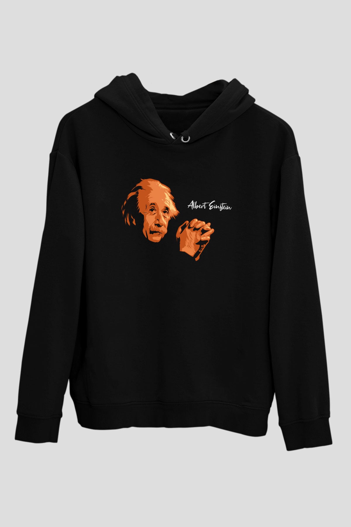 Albert Einstein Portre Baskılı Unisex Siyah Hoodie