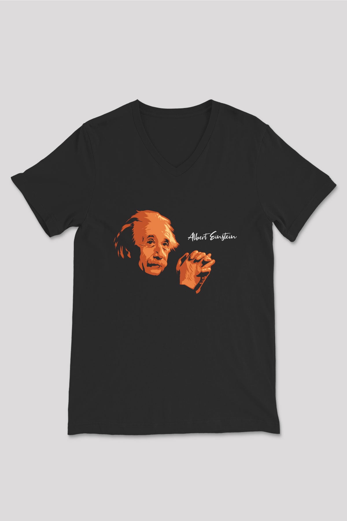 Albert Einstein Portre Baskılı Unisex Siyah V Yaka Tişört