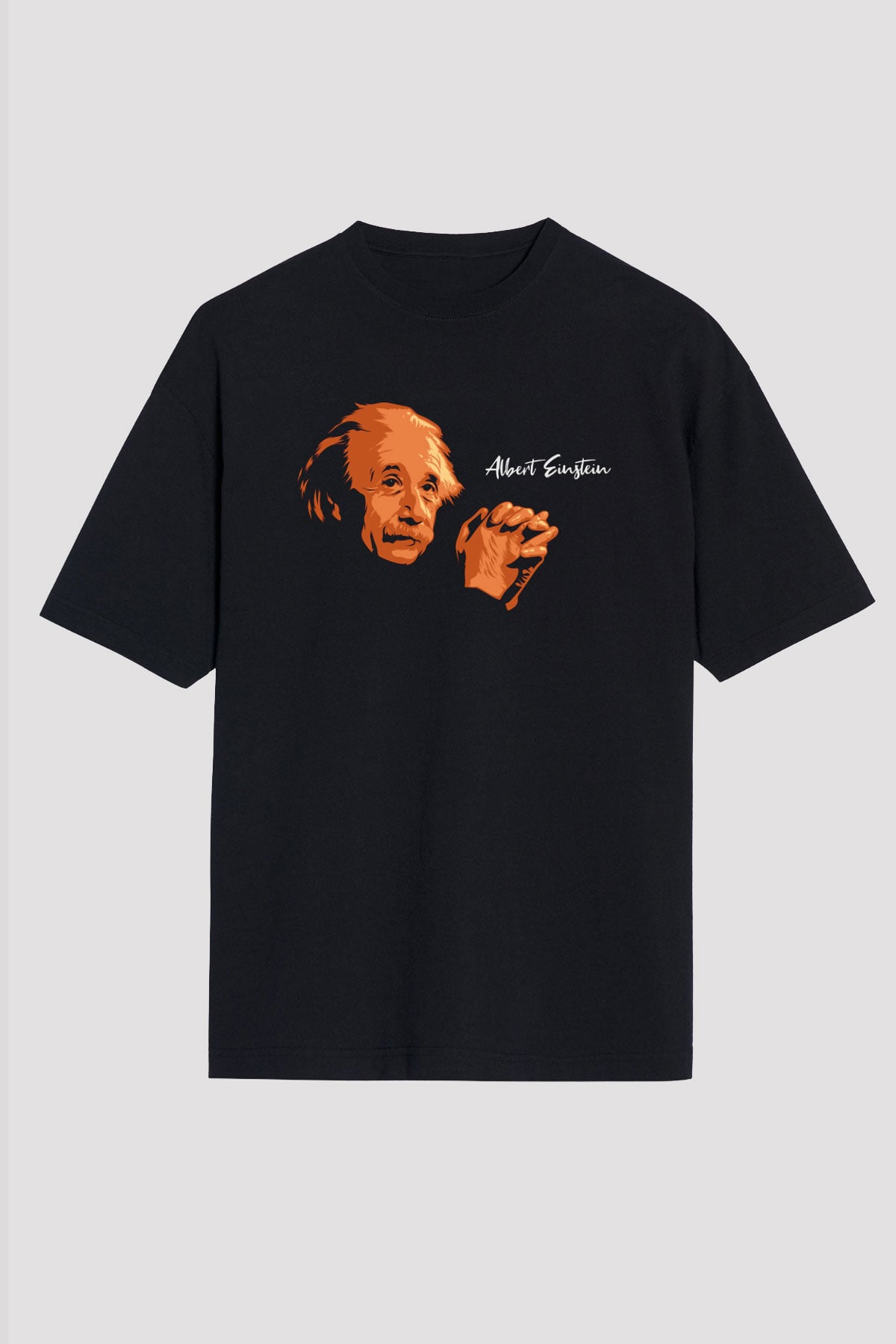 Albert Einstein Portre Baskılı Unisex Siyah Oversize Tişört
