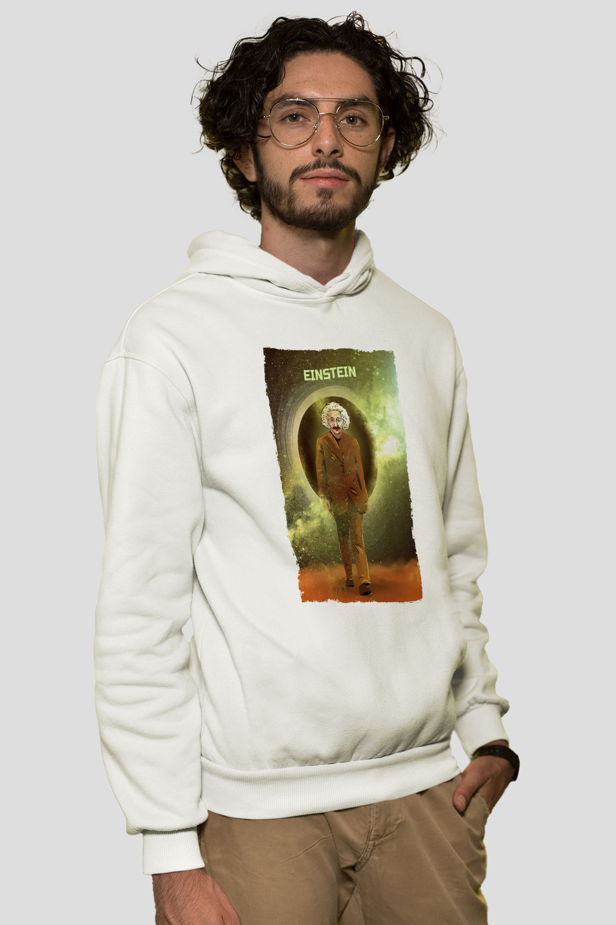 Albert Einstein Renkli Baskılı Unisex Ekru Hoodie