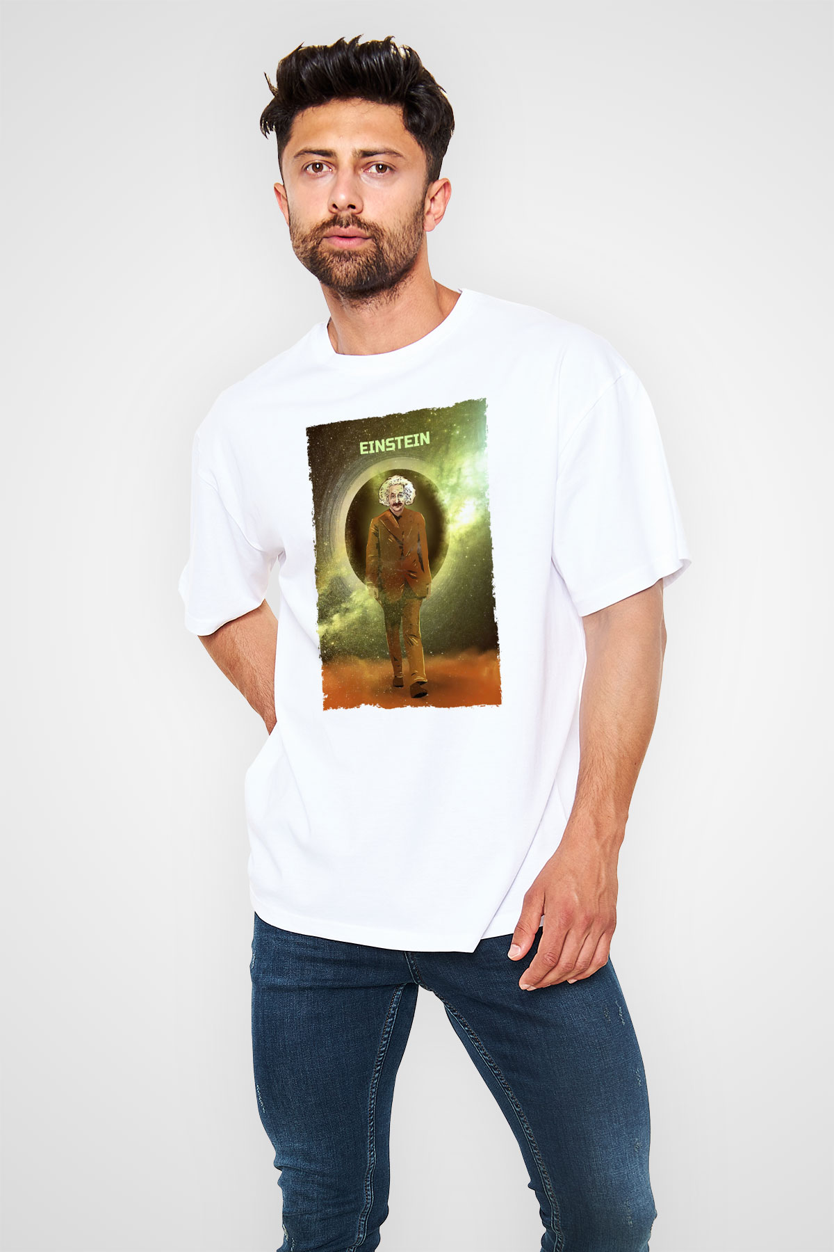 Albert Einstein Renkli Baskılı Unisex Oversize Beyaz Tişört - Tshirt