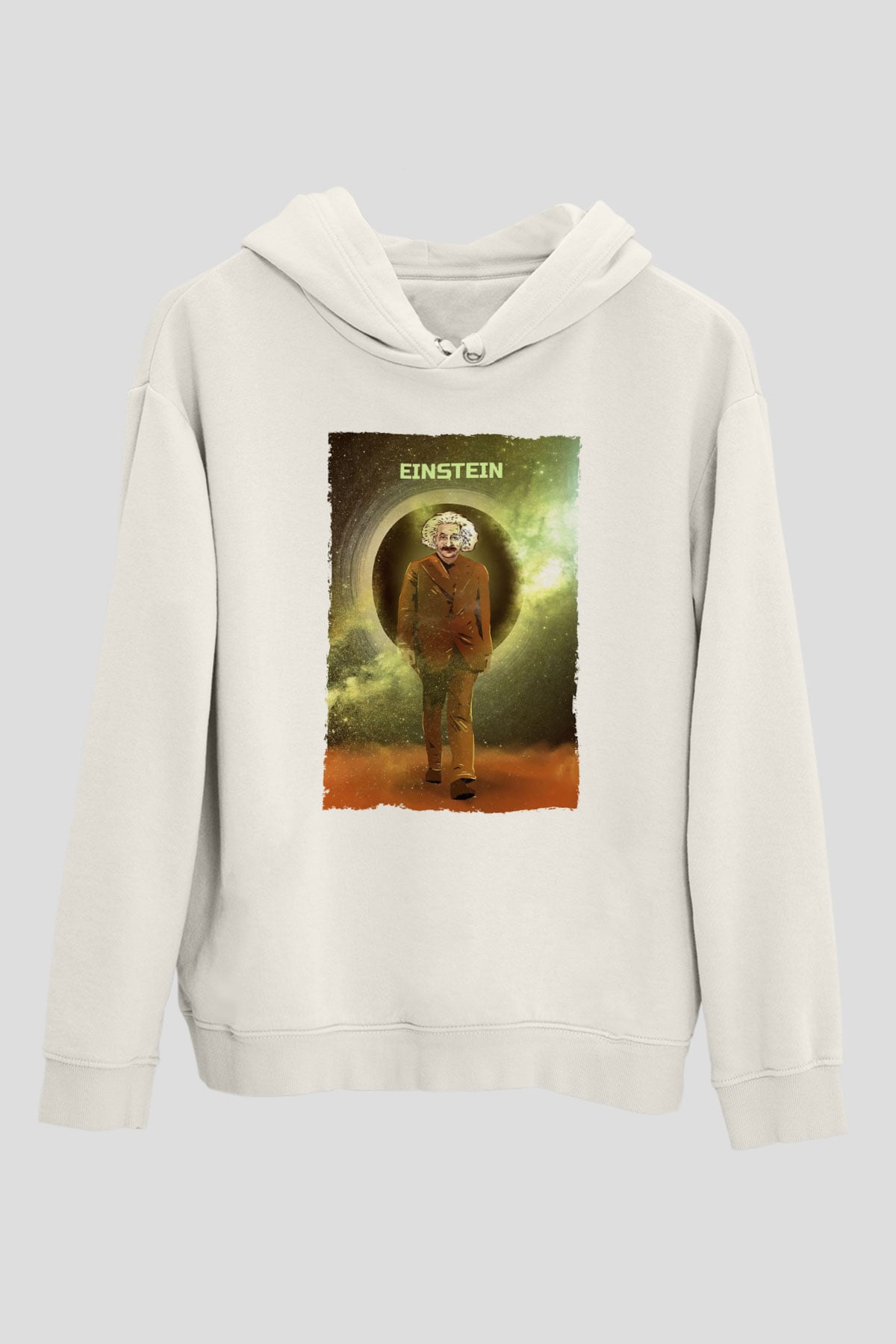 Albert Einstein Renkli Baskılı Unisex Ekru Hoodie