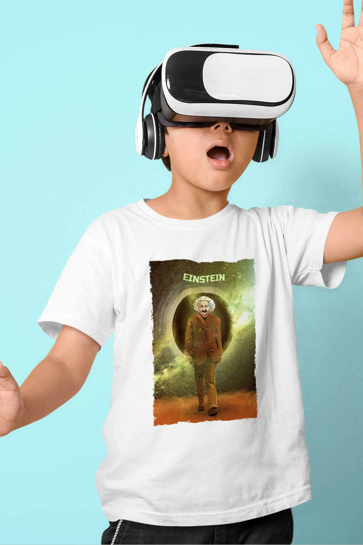 Albert Einstein Renkli Baskılı Unisex Beyaz Çocuk Tişörtü - Tshirt