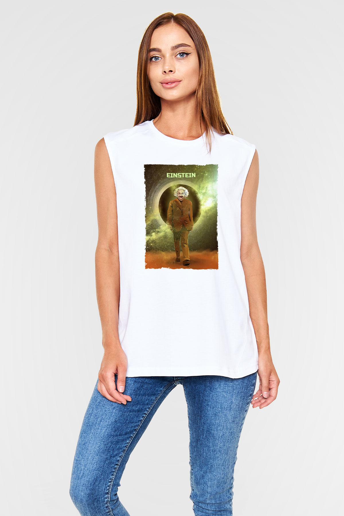 Albert Einstein Renkli Baskılı Unisex Kolsuz Beyaz Tişört - Tshirt