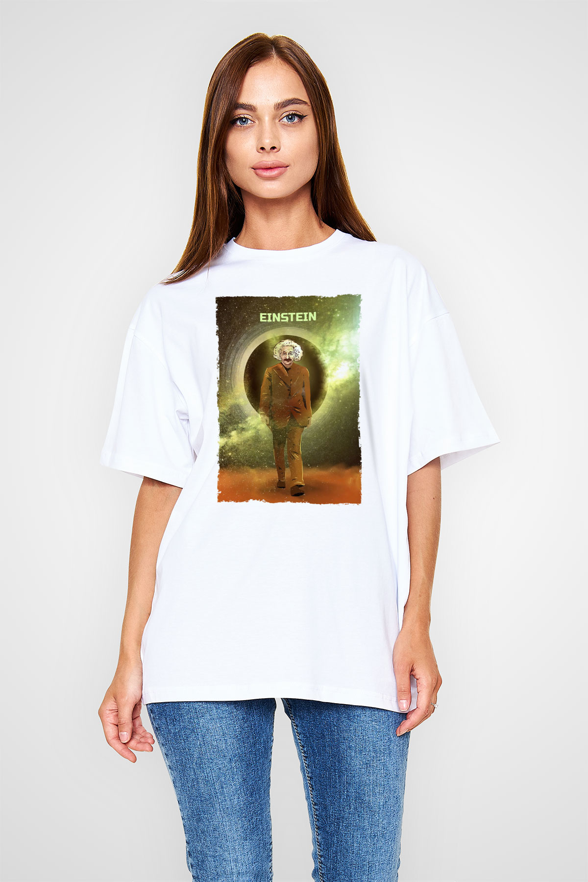 Albert Einstein Renkli Baskılı Unisex Oversize Beyaz Tişört - Tshirt