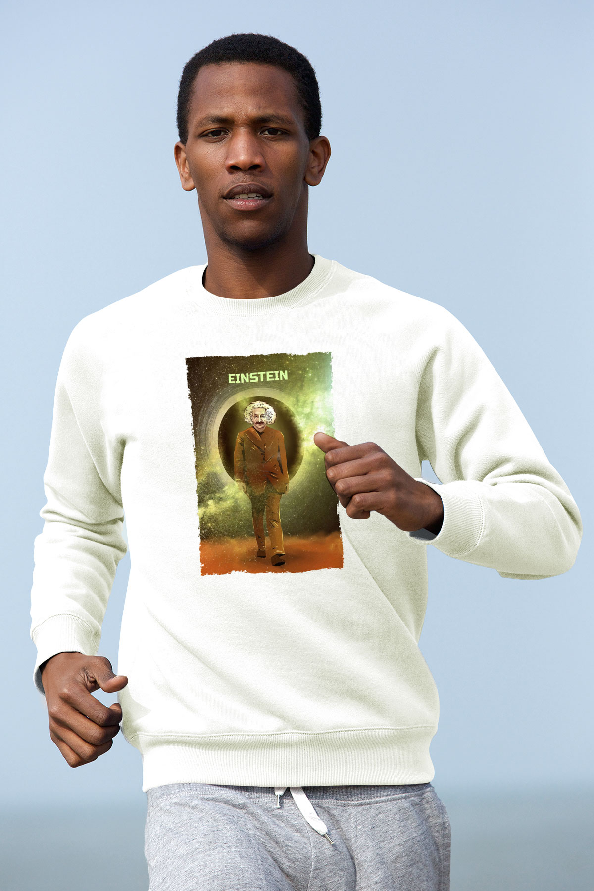 Albert Einstein Renkli Baskılı Unisex Ekru Sweatshirt