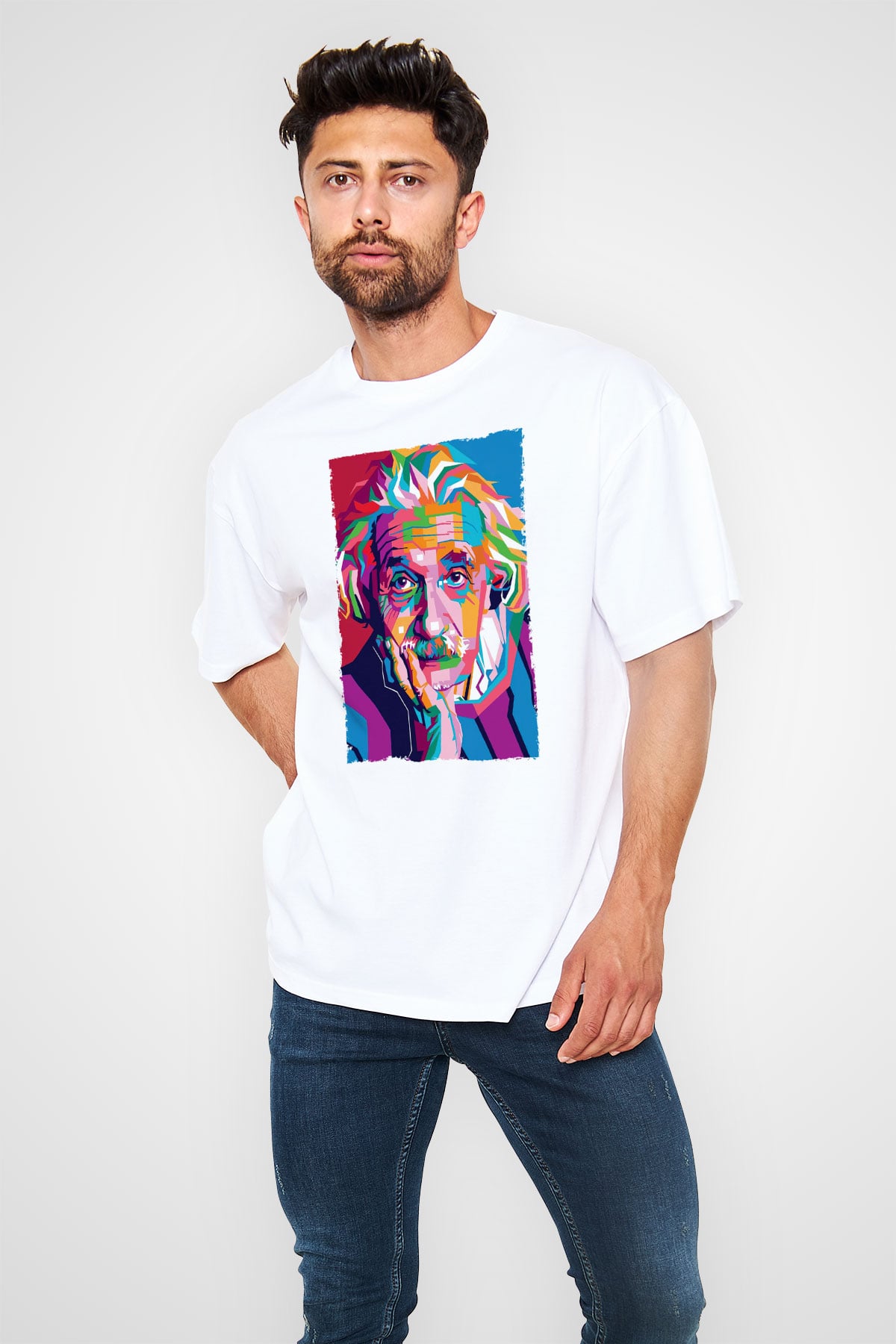 Albert Einstein Renkli Portre Baskılı Unisex Oversize Beyaz Tişört - Tshirt