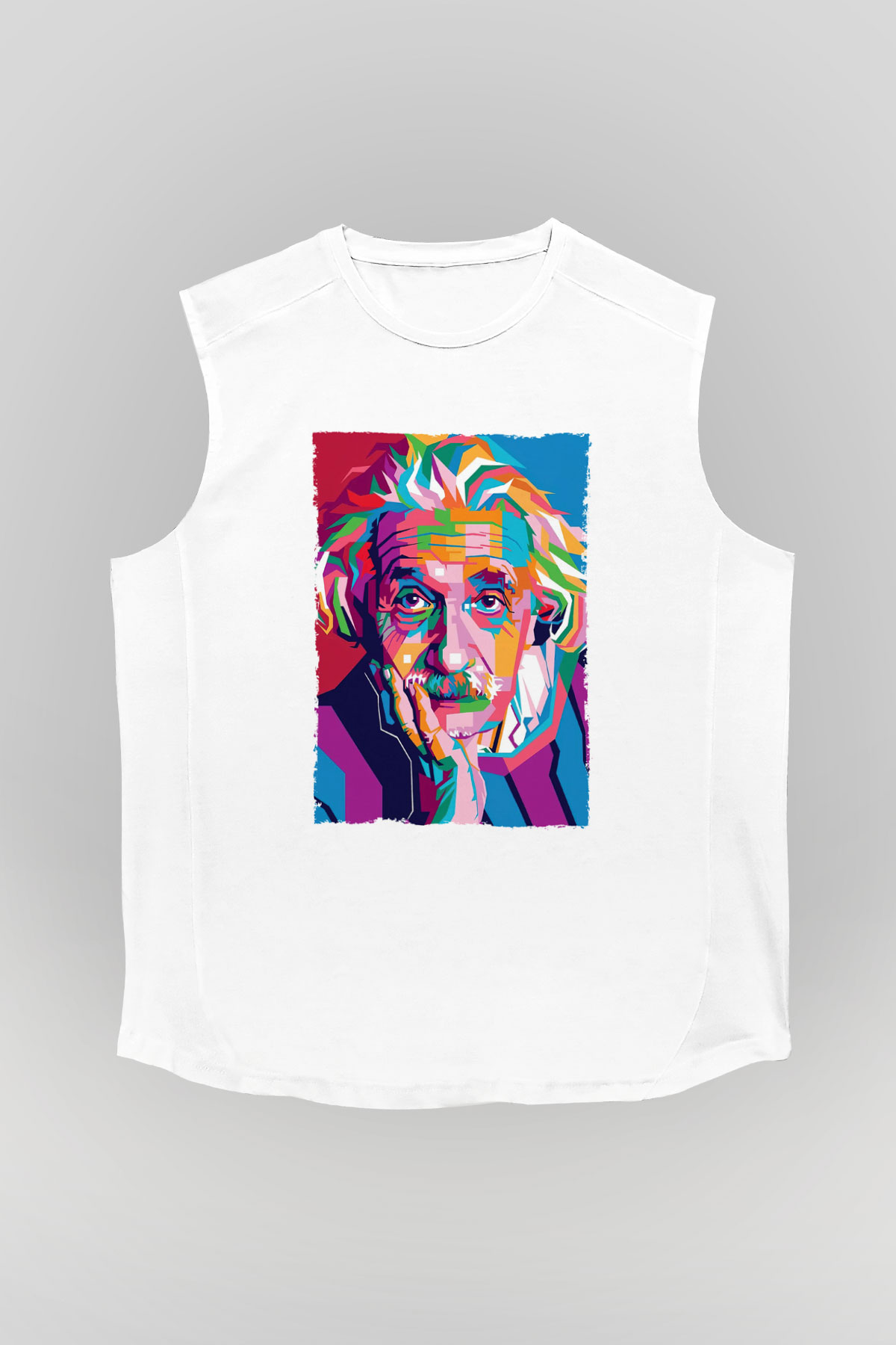 Albert Einstein Renkli Portre Baskılı Unisex Kolsuz Beyaz Tişört - Tshirt