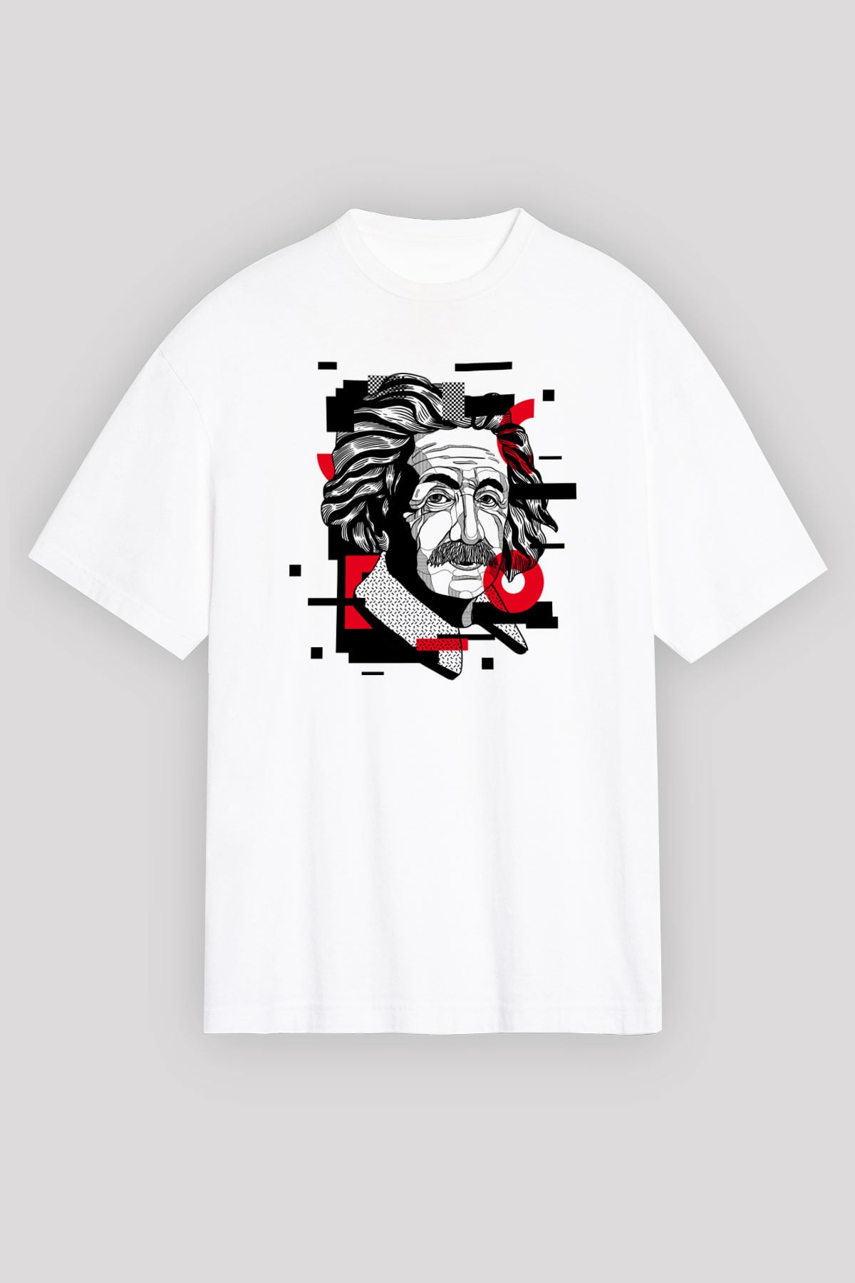 Albert Einstein Renkli Portre Baskılı Unisex Beyaz Oversize Tişört