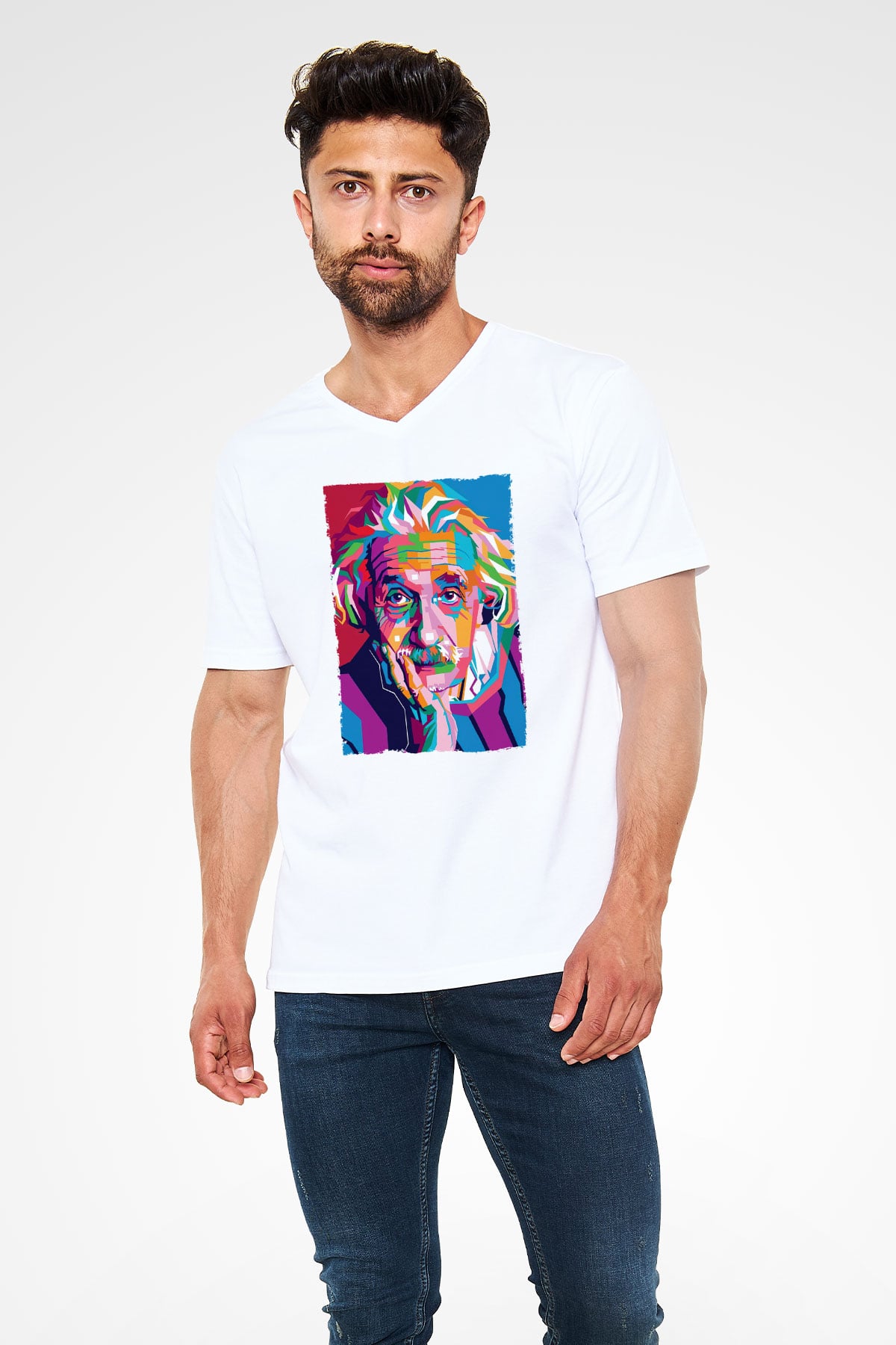 Albert Einstein Renkli Portre Baskılı Unisex V Yaka Beyaz Tişört - Tshirt