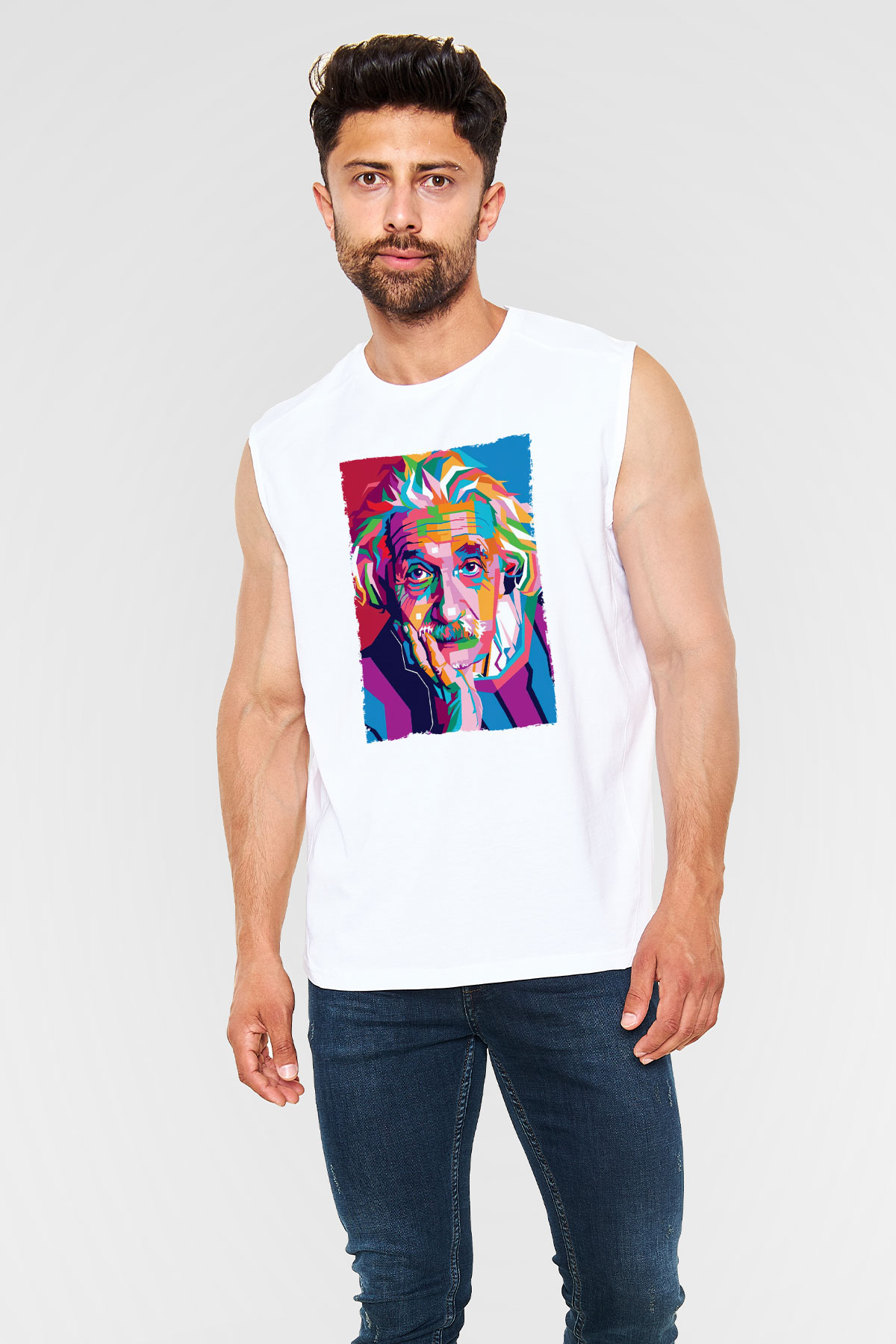 Albert Einstein Renkli Portre Baskılı Unisex Kolsuz Beyaz Tişört - Tshirt