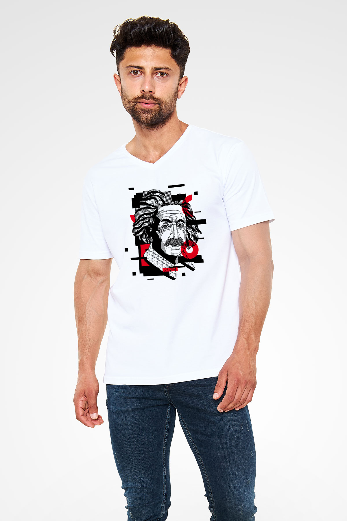 Albert Einstein Renkli Portre Baskılı Unisex Beyaz V Yaka Tişört