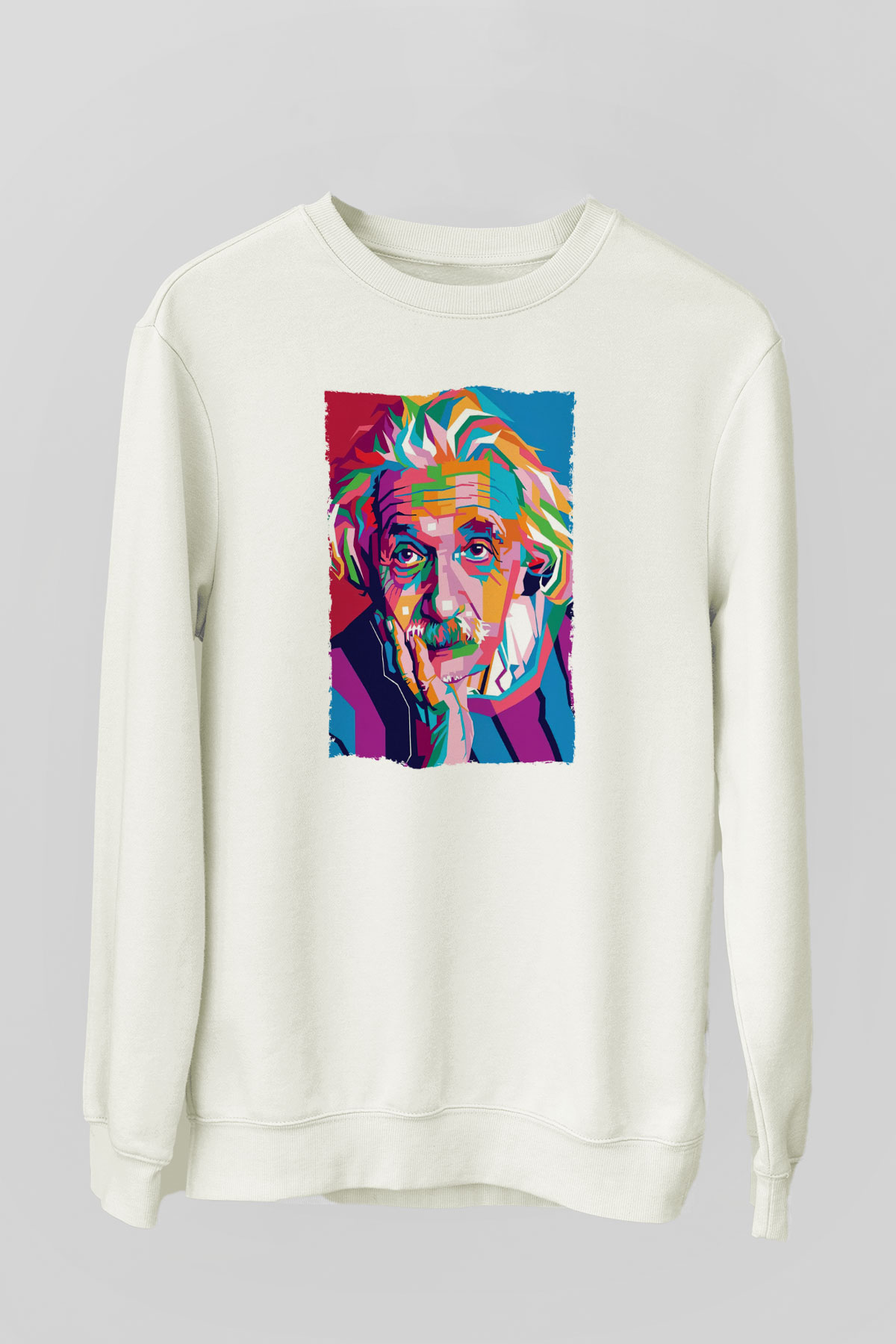 Albert Einstein Renkli Portre Baskılı Unisex Ekru Sweatshirt