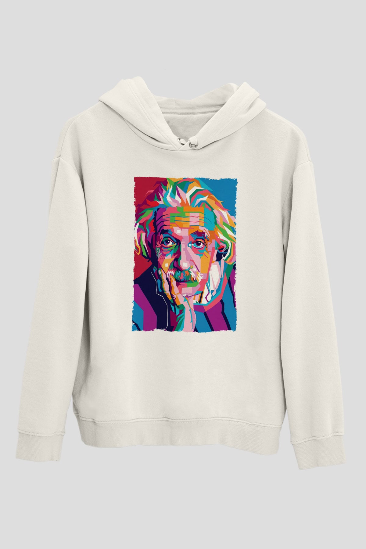 Albert Einstein Renkli Portre Baskılı Unisex Ekru Hoodie