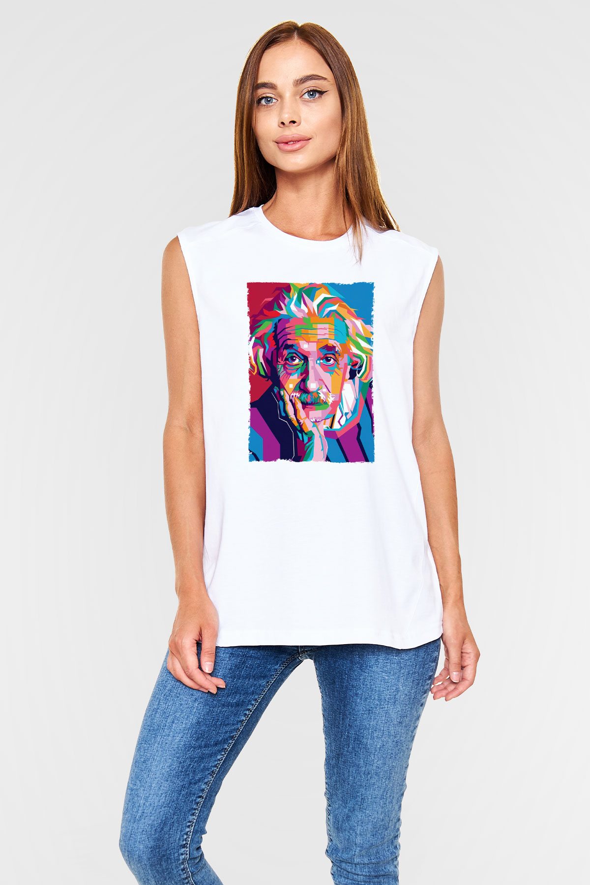 Albert Einstein Renkli Portre Baskılı Unisex Kolsuz Beyaz Tişört - Tshirt