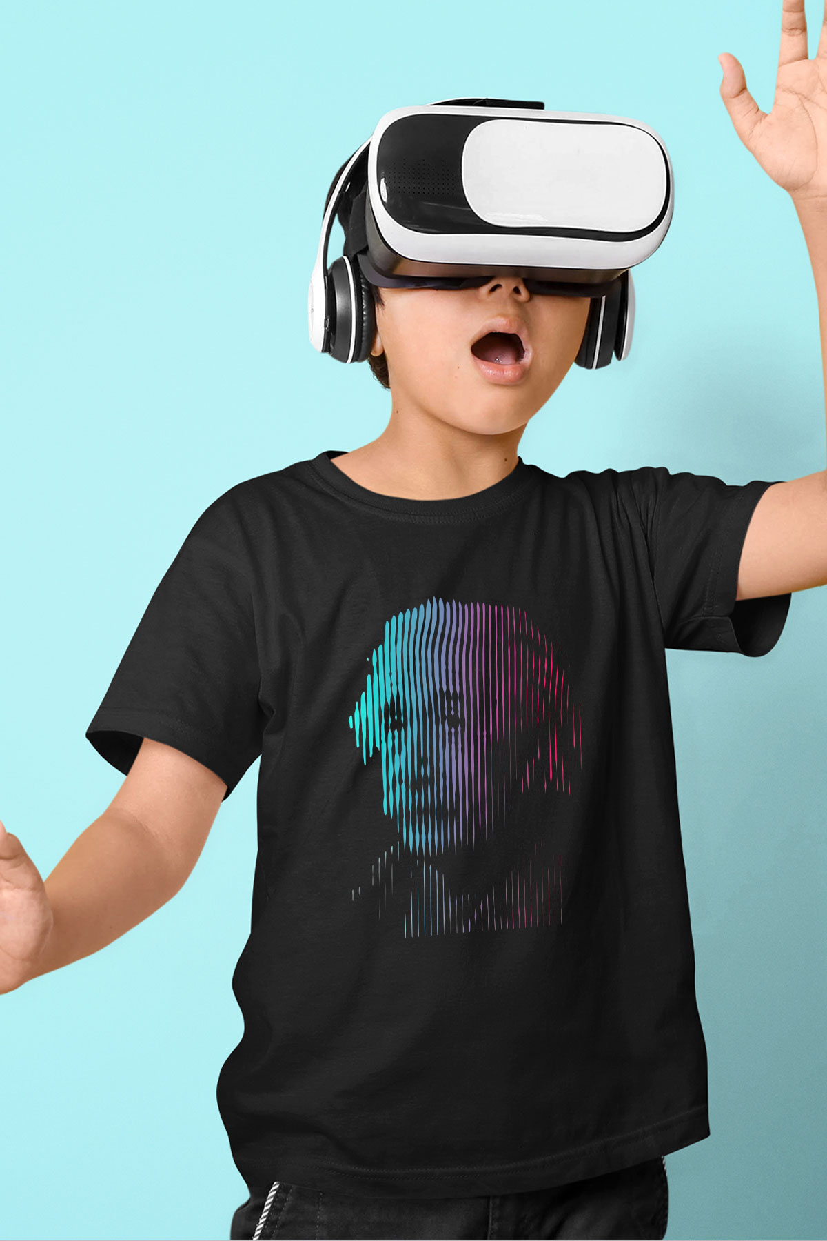 Albert Einstein Renkli Portre Baskılı Unisex Siyah Çocuk Tişörtü - Tshirt