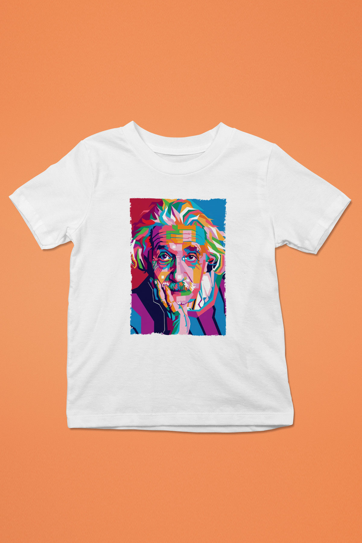 Albert Einstein Renkli Portre Baskılı Unisex Beyaz Çocuk Tişörtü - Tshirt