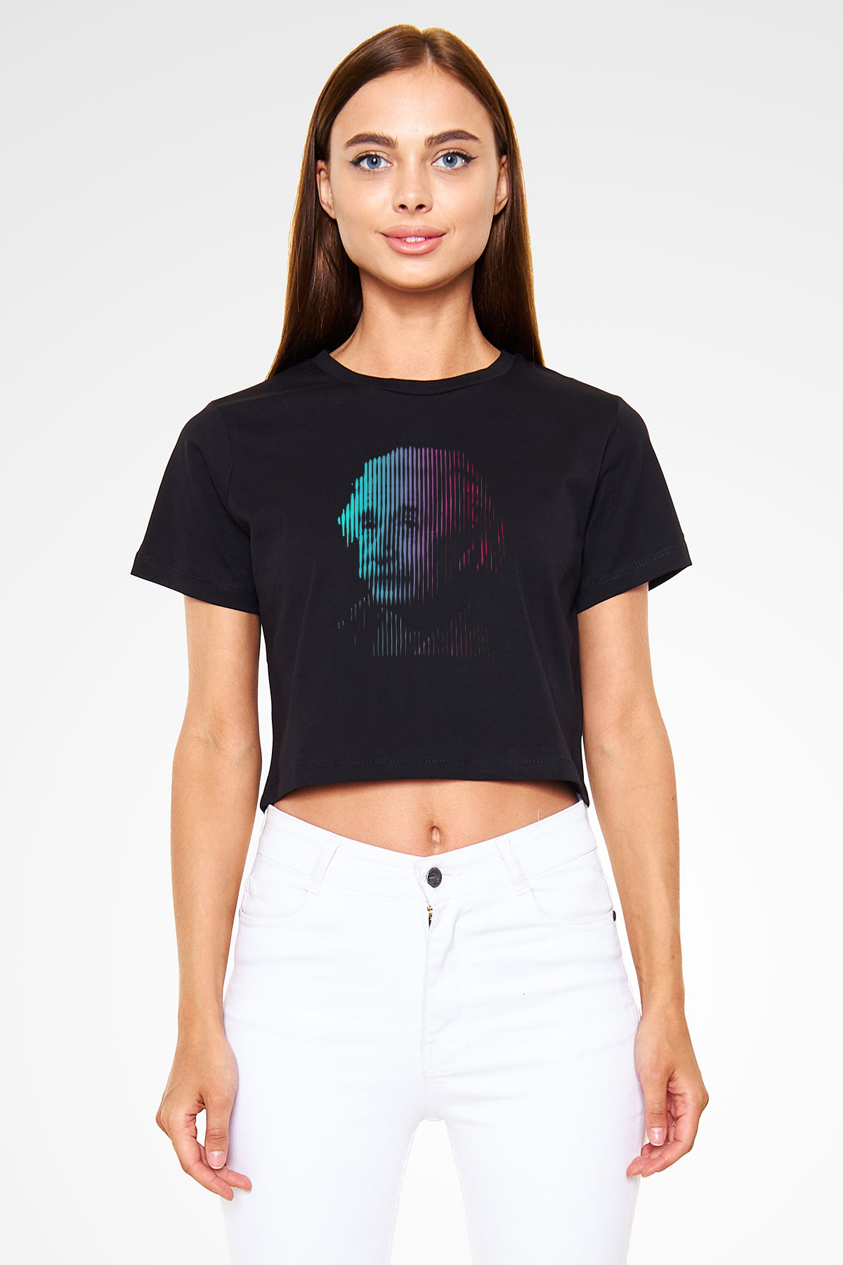 Albert Einstein Renkli Portre Baskılı Crop Top Kadın Tİşört - Tshirt