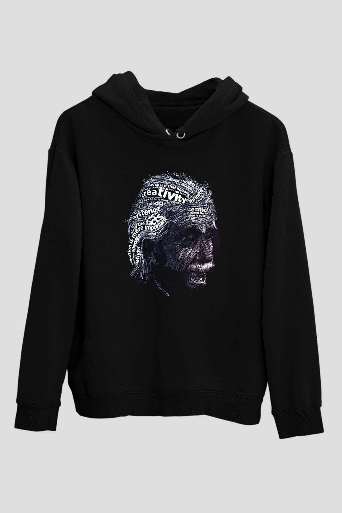 Albert Einstein Sanatsal Portre Baskılı Unisex Siyah Hoodie