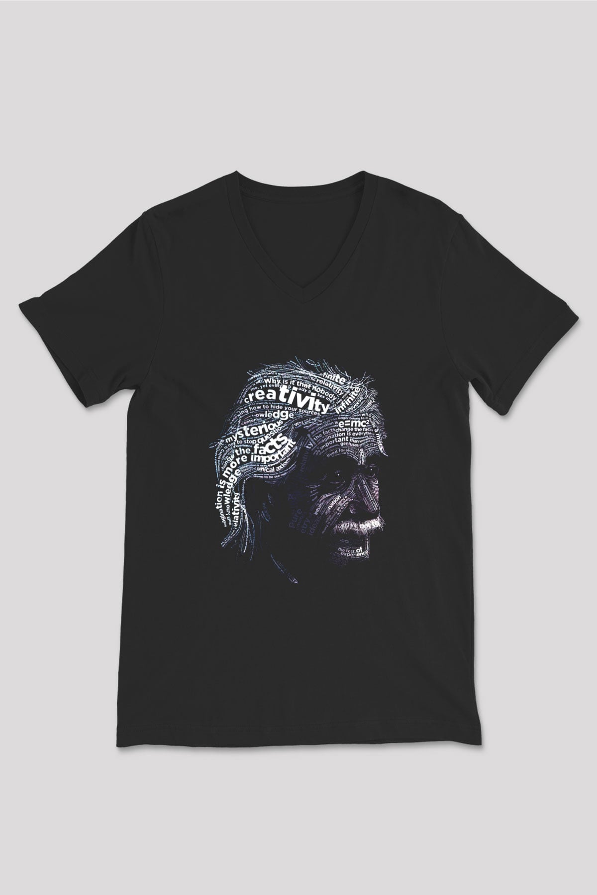 Albert Einstein Sanatsal Portre Baskılı Unisex Siyah V Yaka Tişört