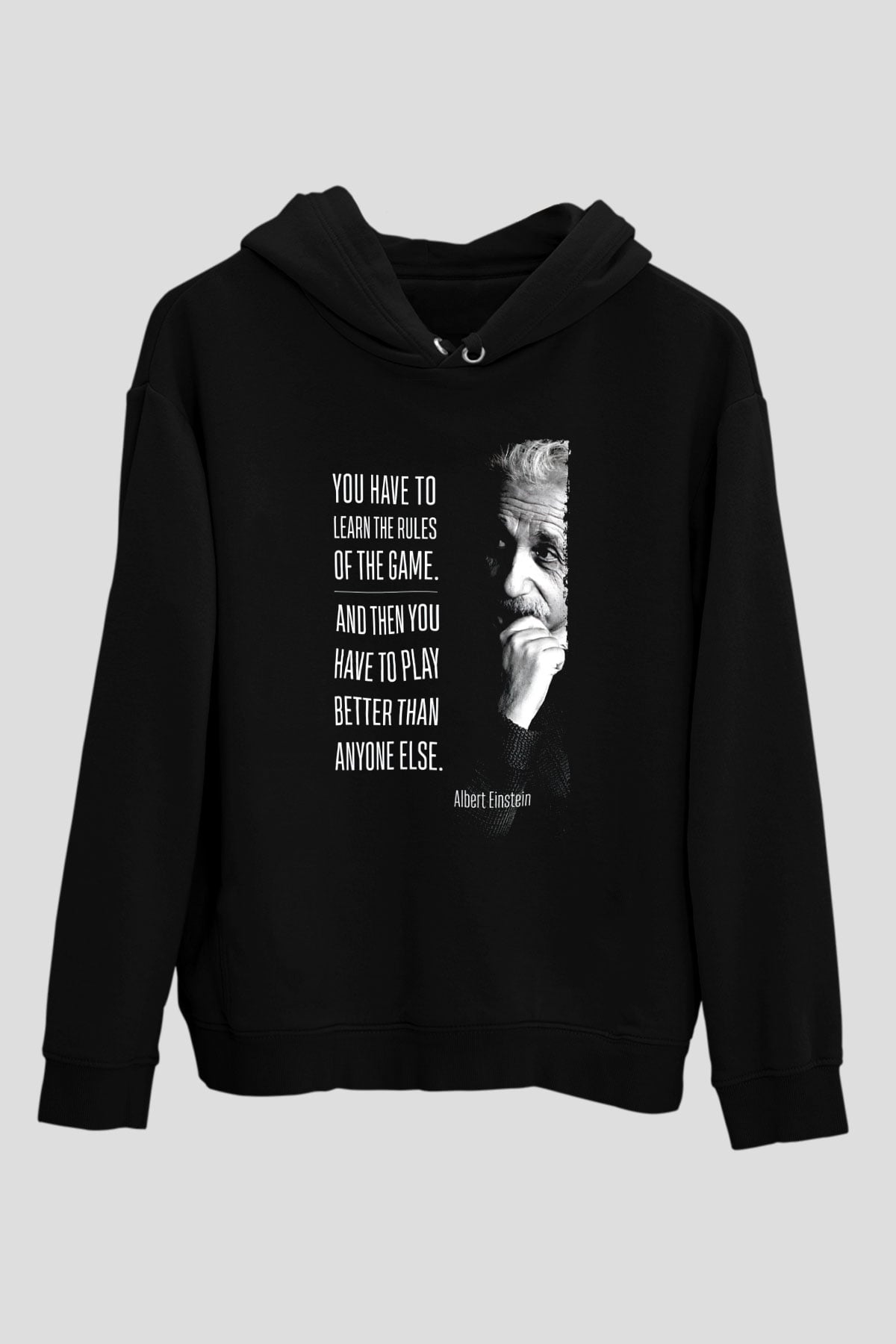 Albert Einstein Sözü Baskılı Unisex Siyah Hoodie
