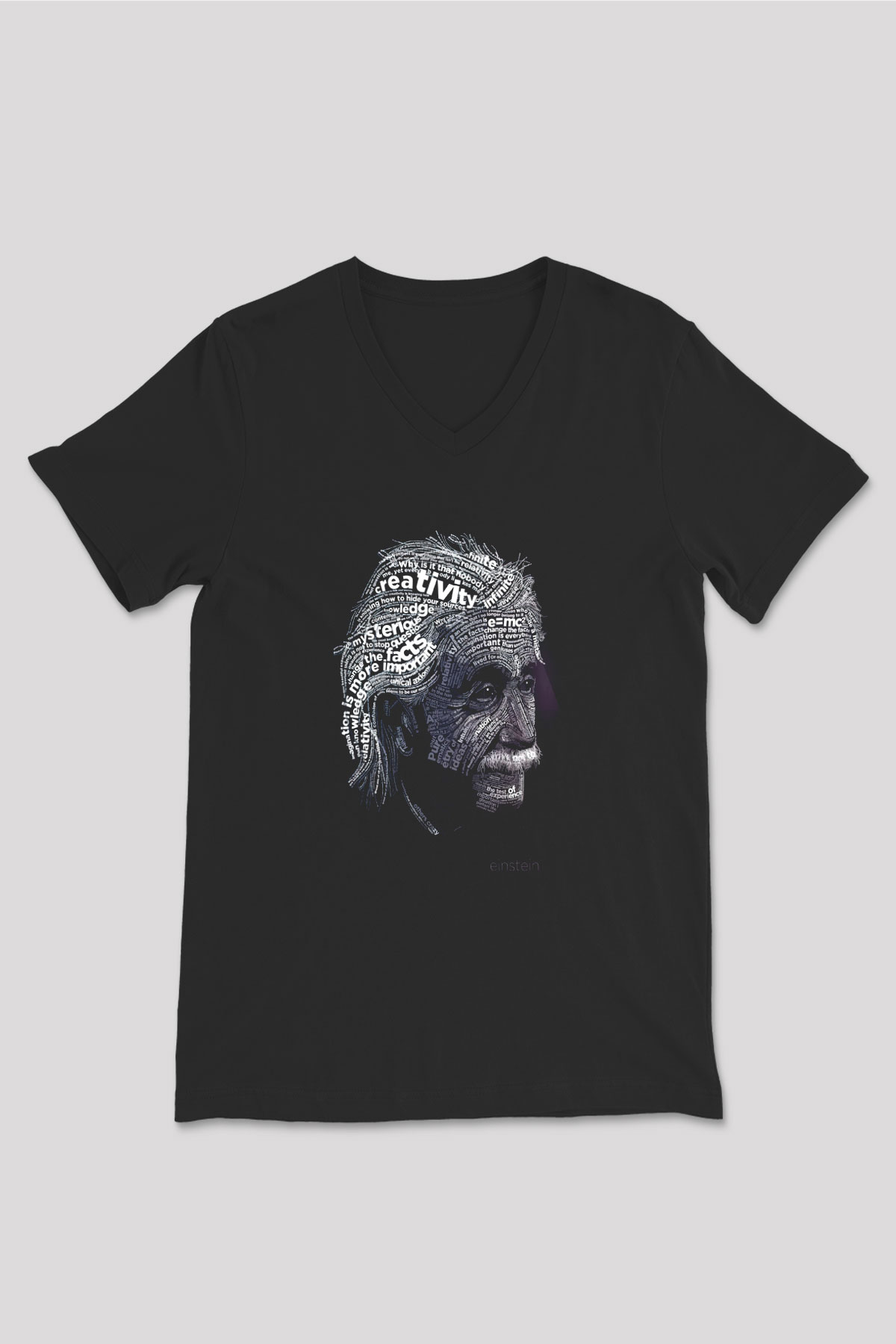 Albert Einstein Tipografi Baskılı Unisex V Yaka Siyah Tİşört - Tshirt