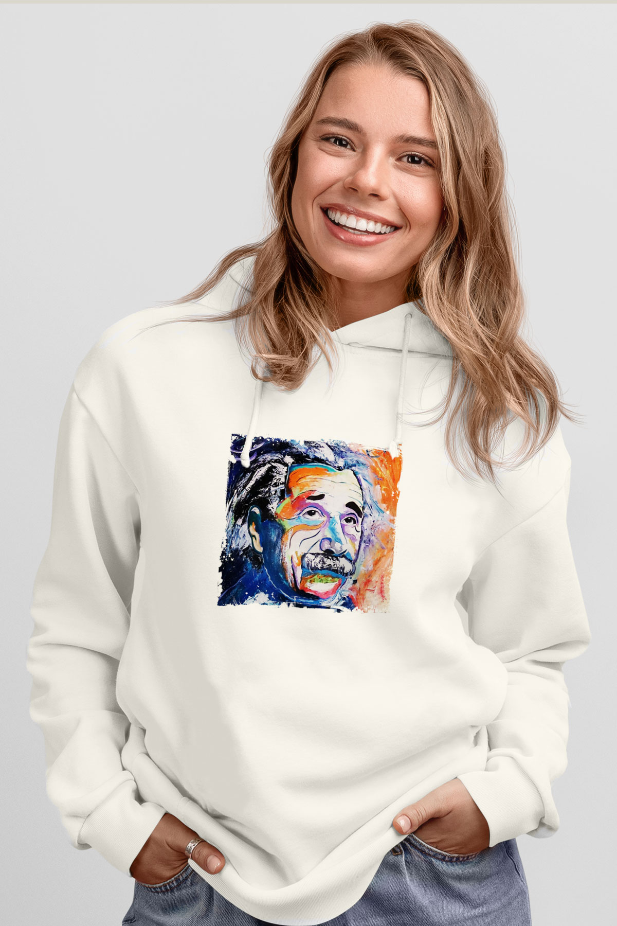 Albert Einstein Unisex Baskılı Beyaz Kapüşonlu Sweatshirt