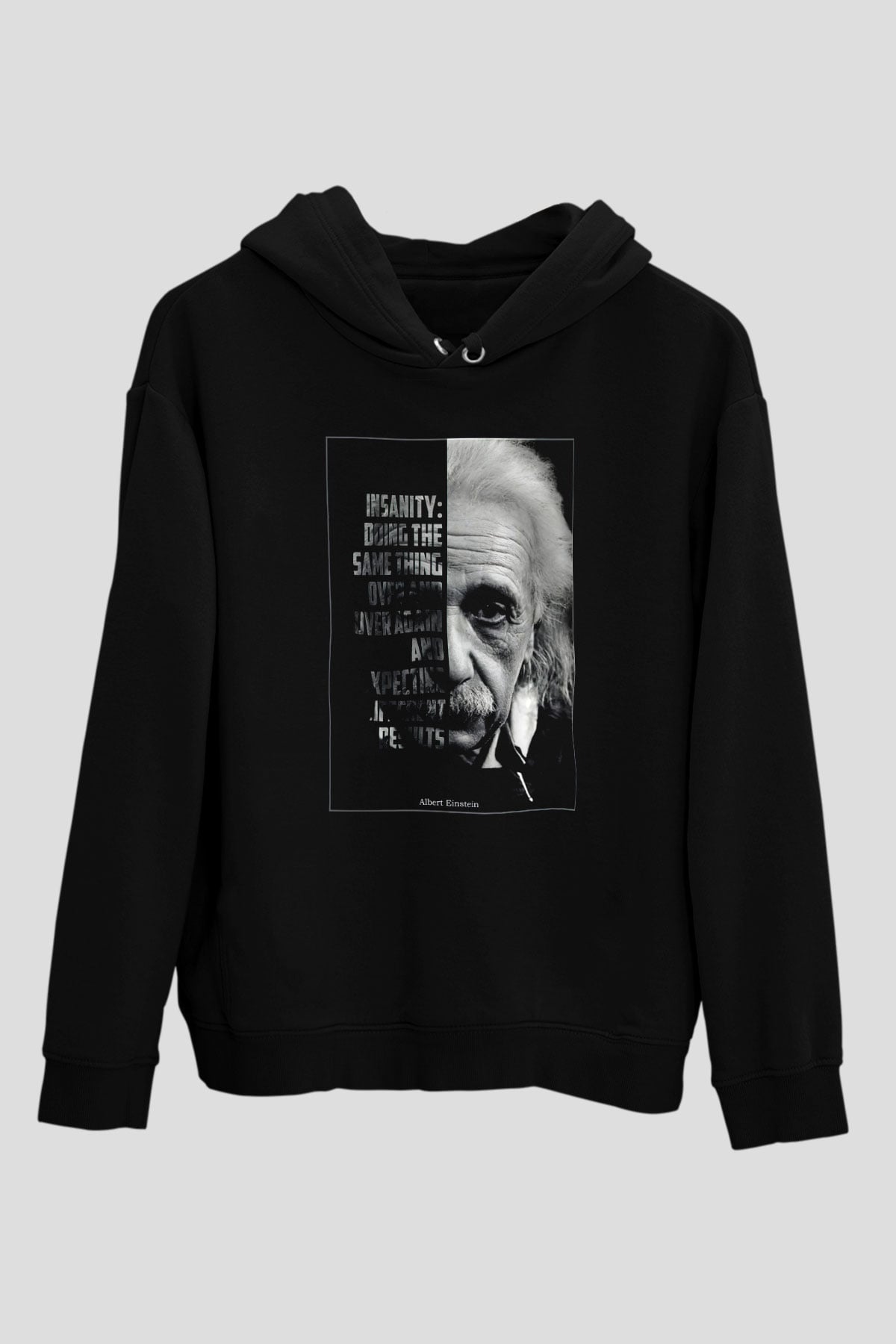 Albert Einstein Yarı Portre Baskılı Unisex Siyah Hoodie