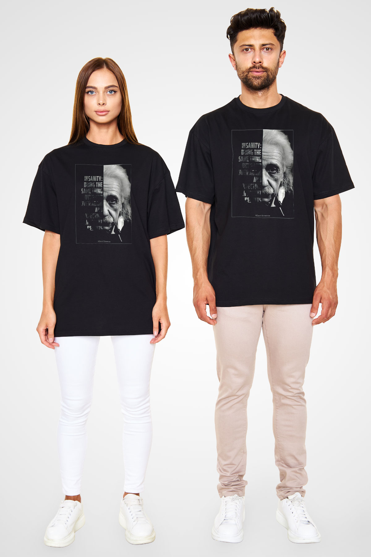 Albert Einstein Yarı Portre Baskılı Unisex Oversize Tişört - Tshirt