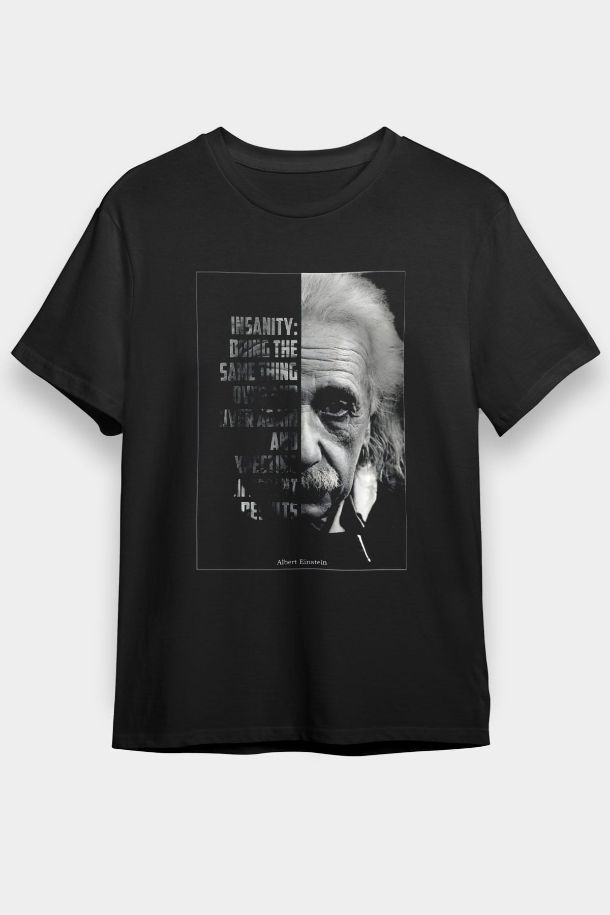 Albert Einstein Yarı Portre Baskılı Unisex Siyah Tişört - Tshirt